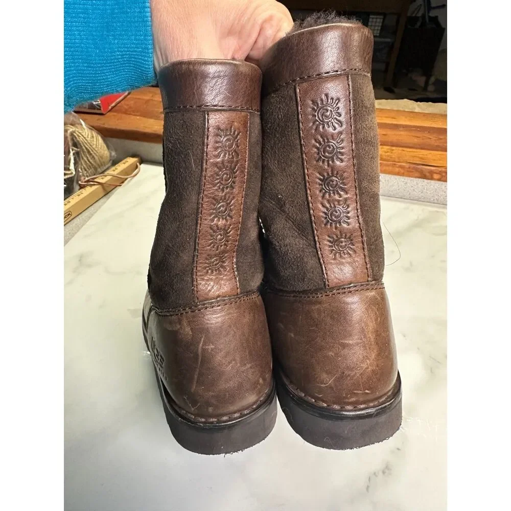 Ugg Australia Brown Leather & Shearling Short Boots, Size 4 5263, Winter Y2K
